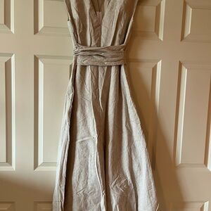 Elegant Beige Linen Wrap Waist Dress